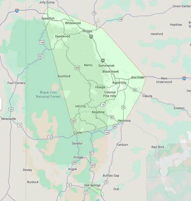 Service Area Map highlighting service area in mint green